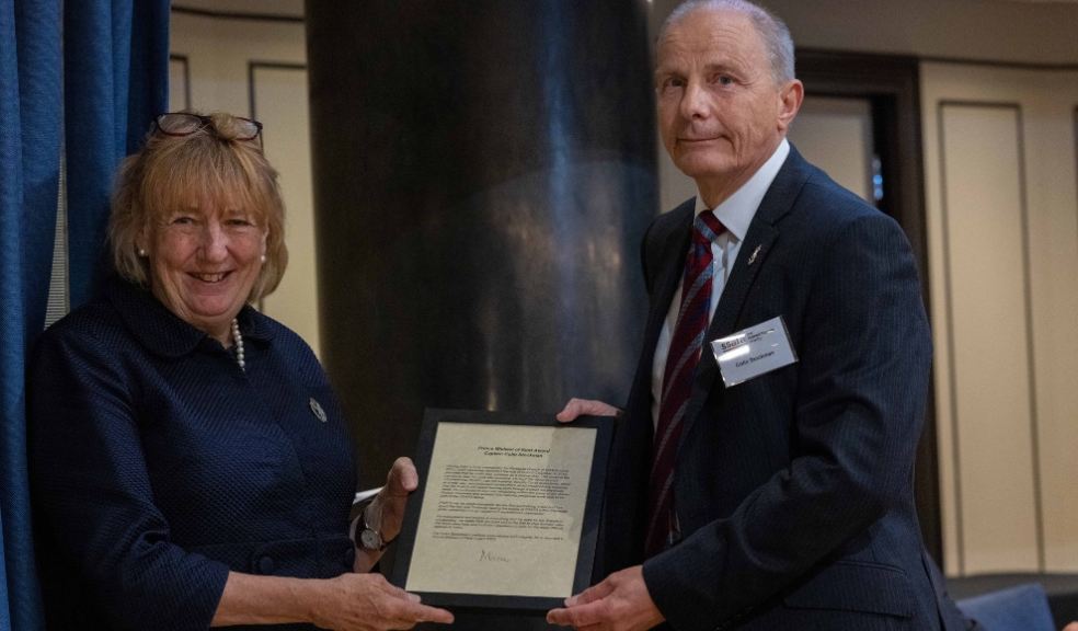 Colin Stockman, SSAFA Plymouth Chair, receiving his Global Gildea Award from The Lady Dannatt at the Victory Services Club in London.