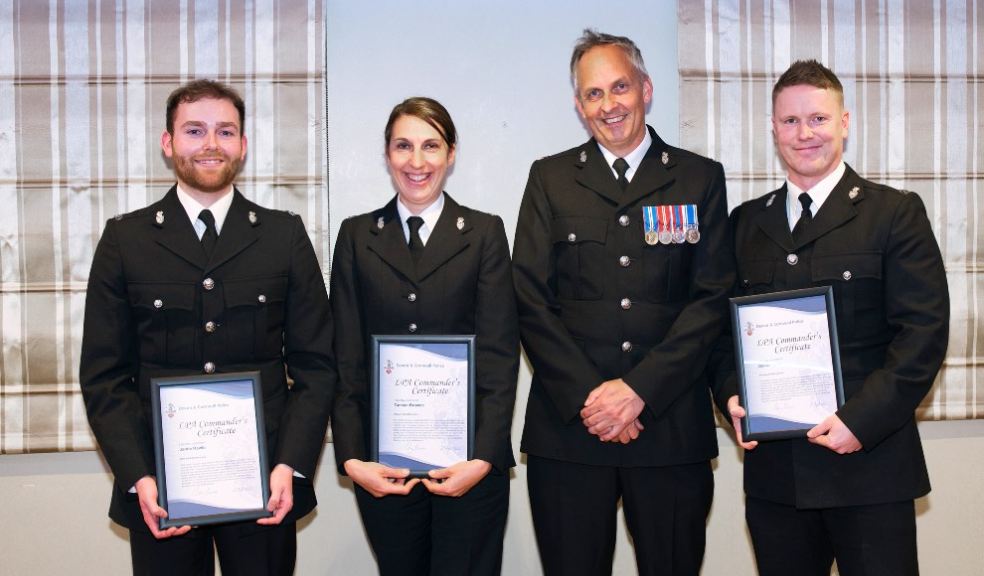 From left to right: PC Jamie Rawle, PC Tamsin Browne, Supt Toby Davies and PC Daniel Rolfe