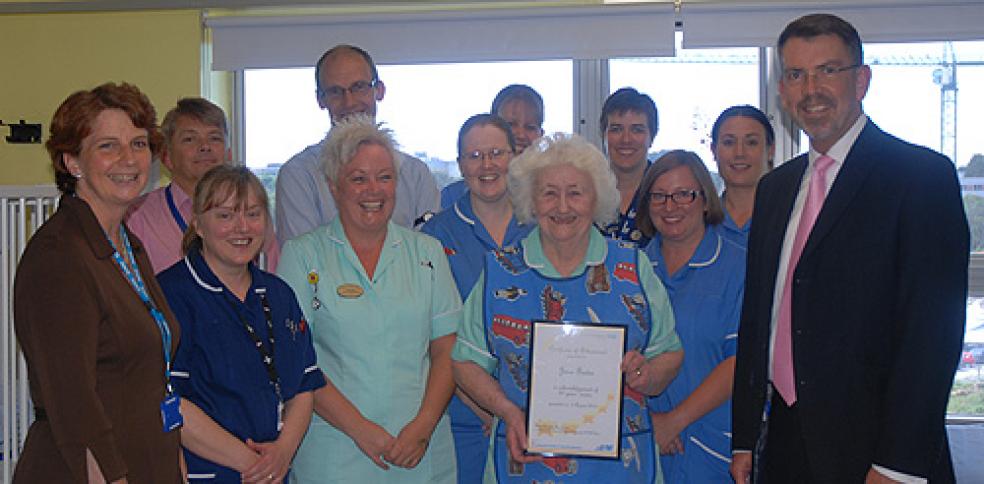 Colleagues and Executive Directors were on hand to congratulate Healthcare Assistant June Foster who has notched up an incredible 60 years of service in the NHS