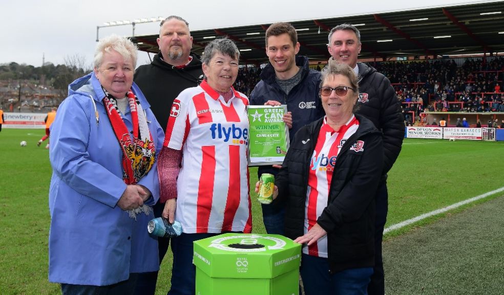 From left: Frances Stoneman, Exeter City FC supporter involved in Cans 4 City collections; Matt Hulland, Resource Recovery Manager at Exeter City Council; Karen Roast, Exeter City FC supporter involved in Cans 4 City collections; Chris Latham-Warde, Every Can Counts Programme Manager; Justin Quick, Chief Operating Officer at Exeter City Football Club and Ruth Williams, Exeter City FC supporter involved in Cans 4 City collections.