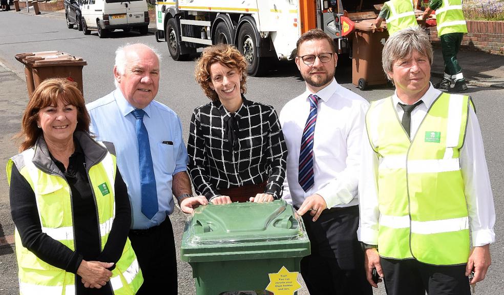 Pictured from left to right are Caroline Fisk, Street Services Liaison Officer, Councillor Mike Leaves, Cabinet Member for Street Scene and the Environment, Lou Hayward Assistant Director for Street Services, Gareth Harrison-Poole, Head of Service (Street Scene and Waste), and Mike Berry, Supervisor, Waste Collection.