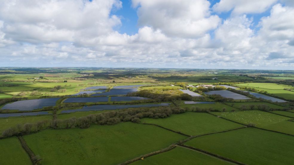 Aerial view of a large solar installation on Devon farmland (image by Devon CPRE)