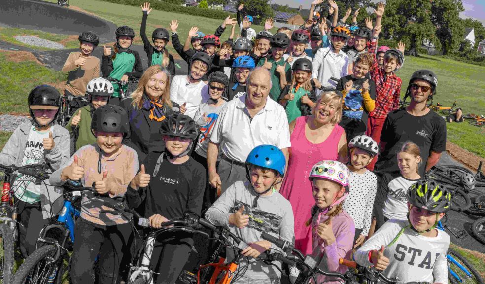 Willand Pump Track group photo Group of people from Willand community with ex BMX world champion