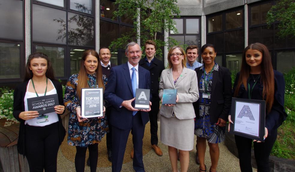 Pictured left to right - Apprentice Hannah Searle, Apprentice Abbie Webb, Talent Adviser Ken Holder, Council Leader Ian Bowyer, Apprentice Luke Brindle, Chief Executive Tracey Lee, Apprentice Jake Holmes, Organisational Development and Talent Assistant Rachel Durand and Apprentice Kate Hanton.