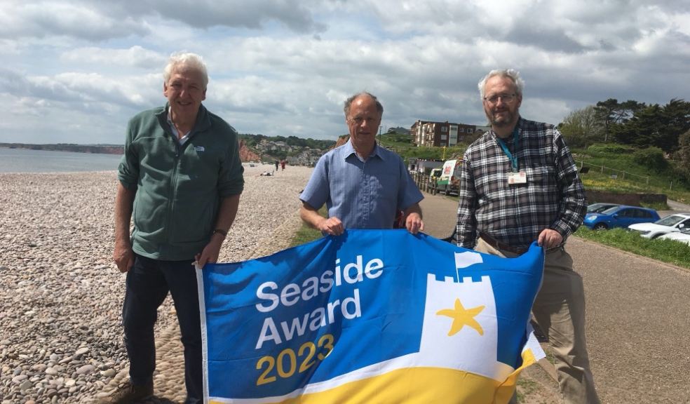L-R: Cllr Geoff Jung, Portfolio holder for Coast, Country and Environment, Cllr Roger Sherriff Budleigh Town Council and Pete Blyth, Beach Safety Officer.