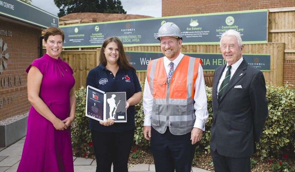 Nicki Reid, Barratt Homes Exeter Sales Director; Jess Wherry, Project Manager at the RBLI; David Thomas, Chief Executive Barratt Developments; Peter Girling, Founding Patron of the Tommy Club with the award at Victoria Heights development