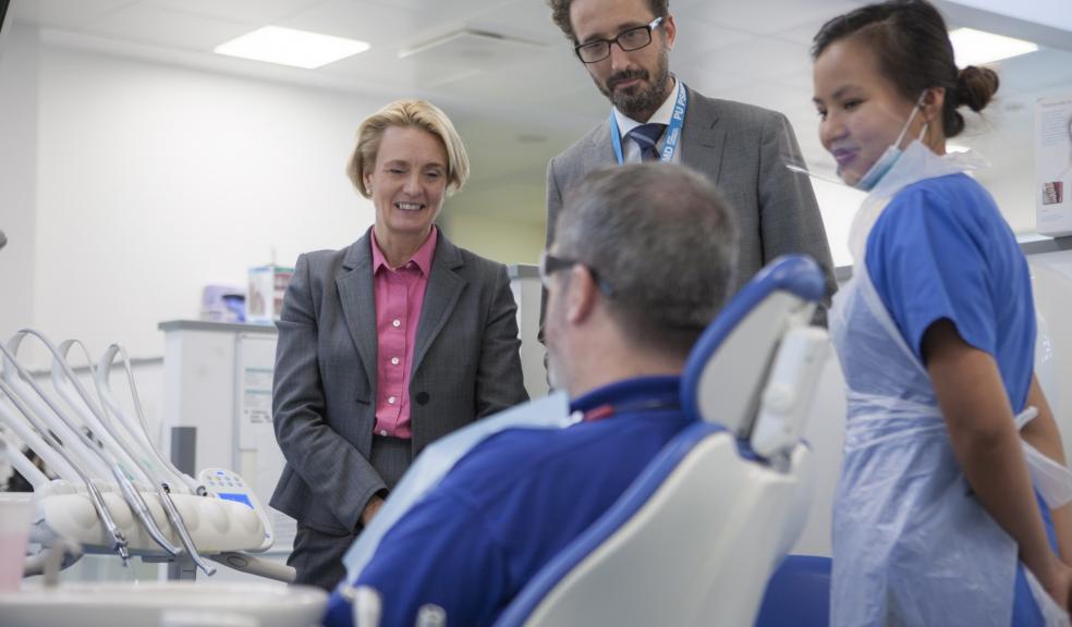 Matthew Jerreat from Plymouth University Peninsula School of Dentistry shows Sara Hurley, the new Chief Dental Officer for England, around the School's Derriford Dental Education Facility