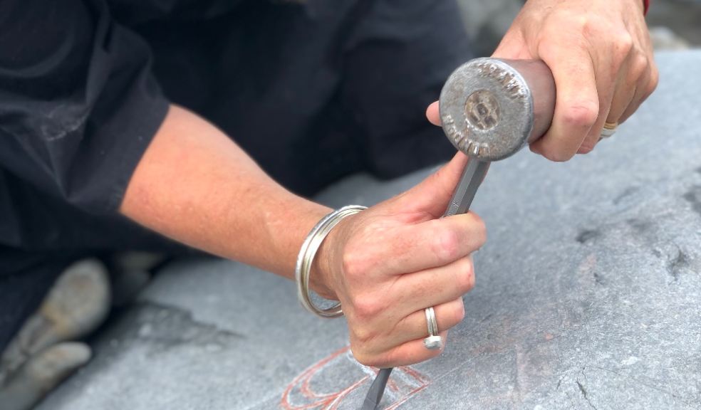 Carving Palsh at Bucks Mills beach. Photo: Jo Sweeting.
