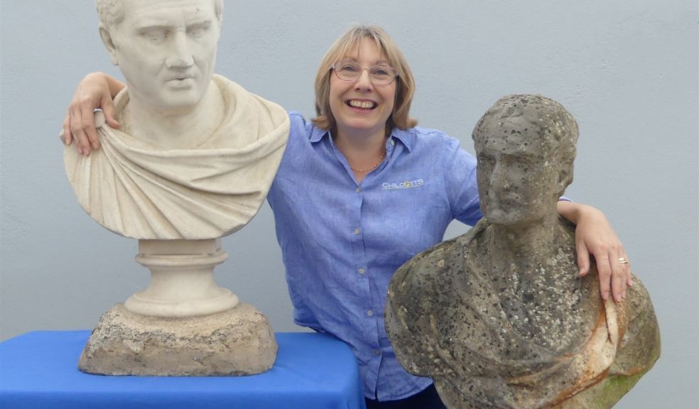 Chilcotts receptionist Jo Neale with the Honiton Pottery marble busts 