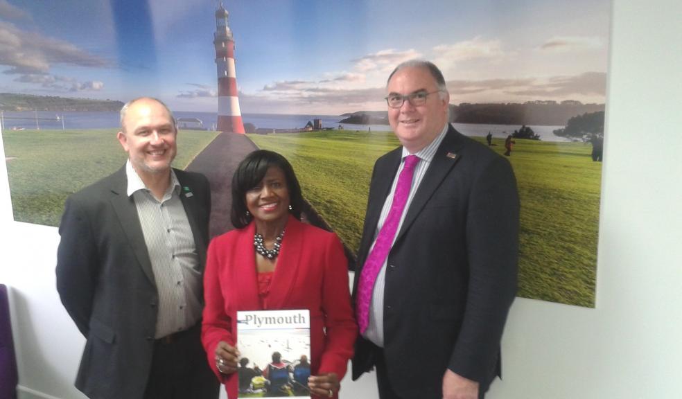 L-R: Darin Halifax (Chief Service Officer for Cities of Service Plymouth), Marcia Hope Goodwin (Plymouth’s mentor from the City of Orlando), and Councillor Chris Penberthy, Cabinet Member for Cooperatives, Housing and Community Safety.