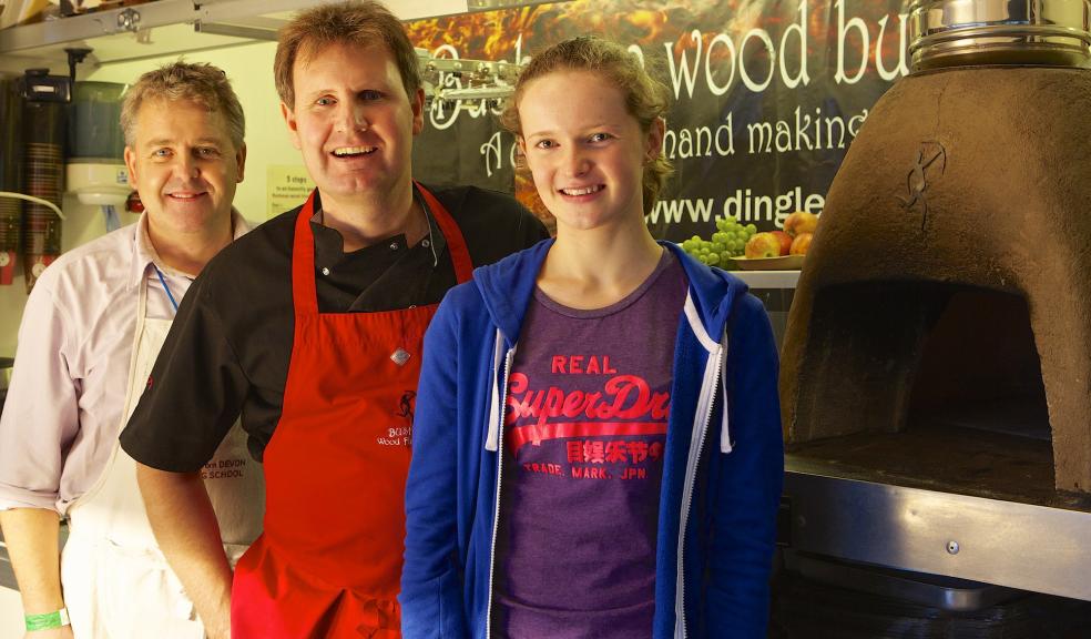 David Jones (Manna from Devon Cooking School), Jay Emery (Bushman Wood Fire Ovens) and Rebecca Tinkler (competition winner)