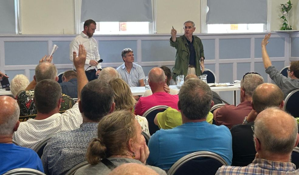 Devon MP Sir Geoffrey Cox addresses a public meeting in Torrington about the proposed Devon Data Cen
