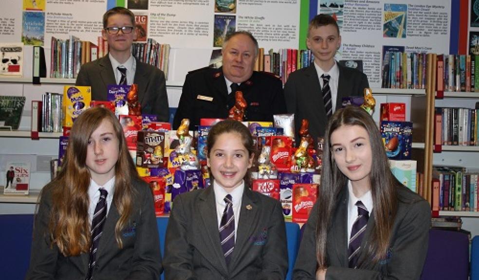 Major Andrew Richards from The Salvation Army, with Plympton Academy students; Back row: (L - R) Isaac Smith and Ben Bacon and Front row (L - R) Katie Clift, Eloise Trevor and Bethany Packham.