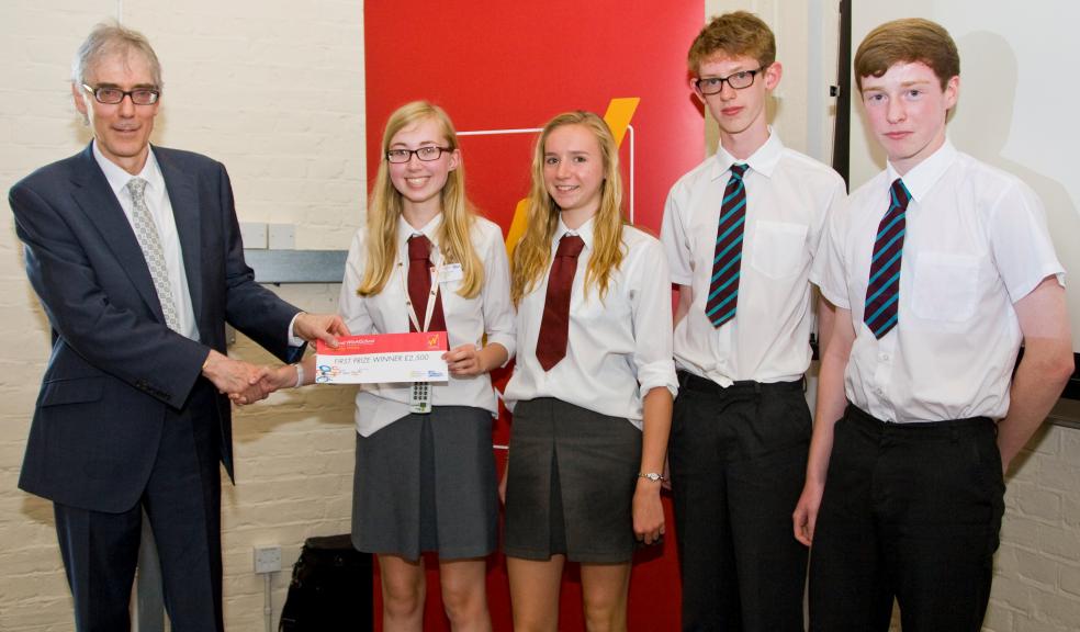 The winning team from the Ecclesbourne School receiving their £2,500 first prize from Professor David Hand OBE
