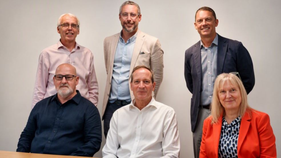 Front row (L-R): Dave Ward, Graham Farrant, Cath James. Back row (L-R): Paul Cooper, James Carpenter, Bevis Watts.