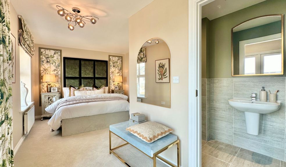 Botanical print wallpaper panels frame the bed in the Elstone’s primary bedroom (pic courtesy of Webbers)