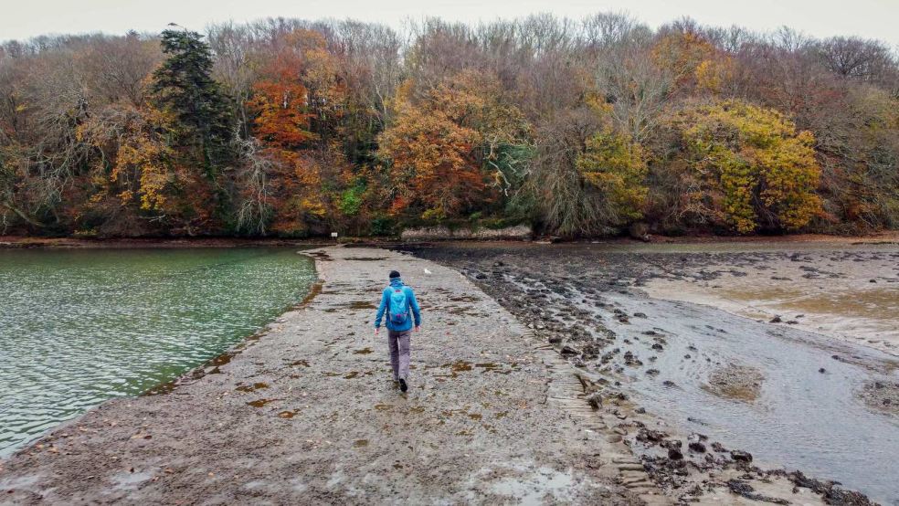 Student walking across the estuary