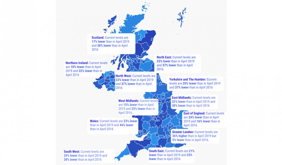 Shortage of properties coming to market - regional comparison map showing shortage of properties coming to market in each region