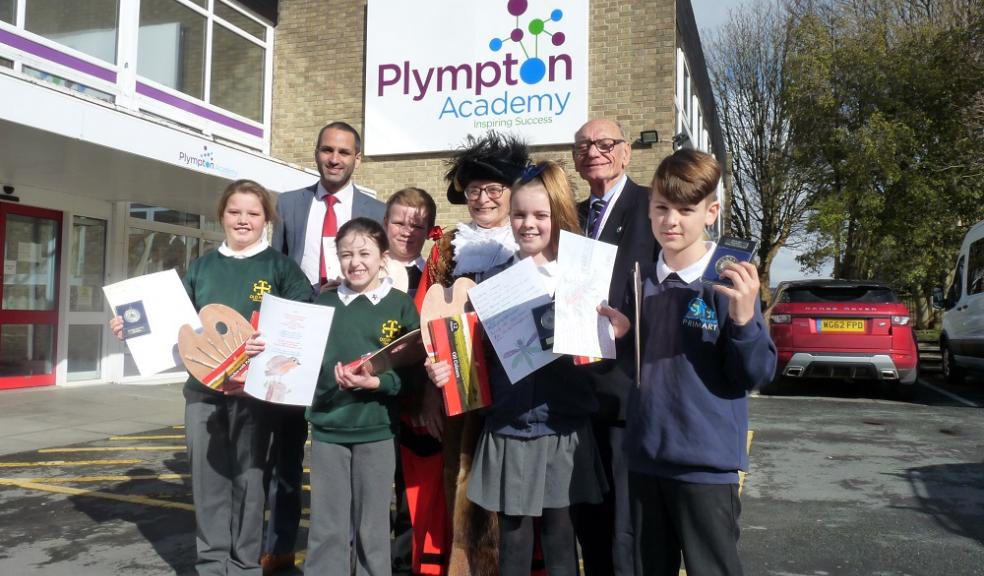 Photo caption: Clara Robinson, Katie Boorman, Ryan Cocks, Skye Webb and Alfie Jessep receive the prizes from Lord Mayor Wendy Foster, Cllr Ken Foster and Kasim Langmead, Vice Principal of Plympton Academy.