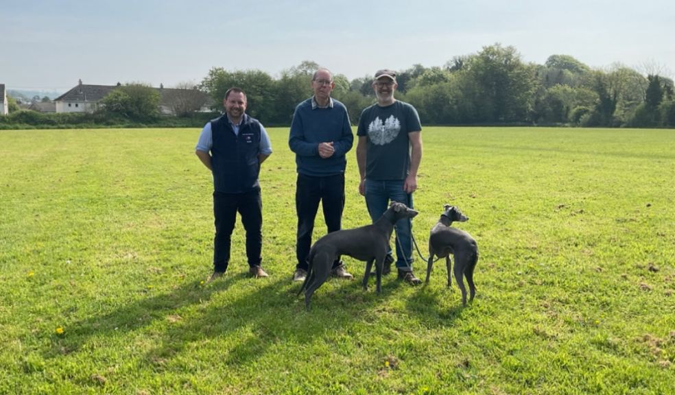 Graham Coates with Geoff Craddock, Chair of the Parish Council and Danny Fay, Chair of Yealmpton Athletics Association.