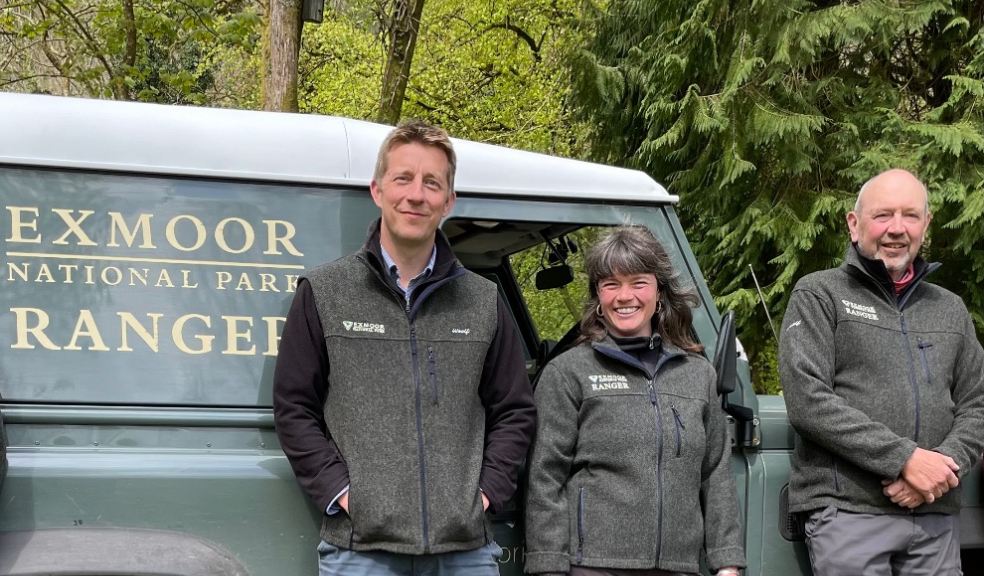 Exmoor National Park Ranger Team Head Dan Barnett, left, with Rangers Charlotte Wray and Phil Stuckey wearing their new wool fleeces from local company Woolf.
