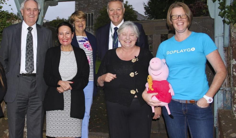 Cllr John Hart, Anne Marie Morris MP, Cllr Liz Hill, Phil Roberts - CDS Project Manager, Cllr Angie Carter-Woodwark, Holly Woodford – GoPlayGo, at a voucher scheme event in Ideford, South Devon