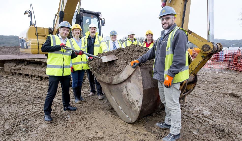 Breaking ground at Bodmin Road. L-R Steve Ricketts, PCC; Sally Godber, Warm Low Energy Building Practice; Richard White, Mitchell Architects; Phil Jones. Mi-Space; Nick Jackson, PCH; Liz Dunster, PCC and Chris Herron, Mi-space