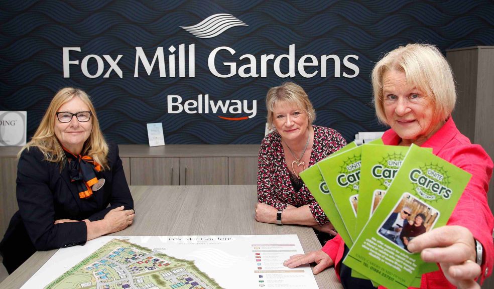 Jill Moores, Bellway Sales Advisor, with Sharon Trerise, General Manager at Unite Carers, and Bernice Philbrick, Chair of Trustees at Unite Carers inside the sales office at Bellway’s Fox Mill Gardens development in Willand.