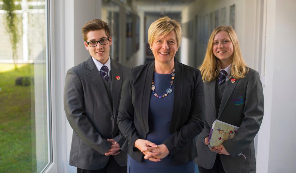 Principal of Plympton Academy, Lisa Boorman, with Natasha Barber and Connor Burn
