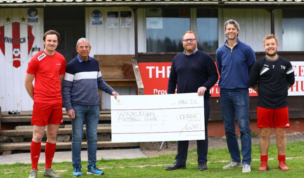 L-R: Team Captain Rob Knight; Tony Bayley, Chairman at Winkleigh Football Club; Jamie Snell, Assistant Land Manager at Allison Homes; Colin Wall, Manager of Winkleigh Football Club and footballer Tom Robinson