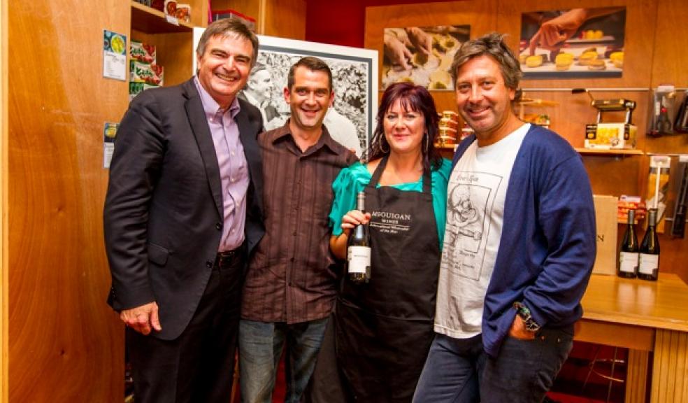 L-R Neil McGuigan, CEO, McGuigan WInes; competition winners Martin Hole and Julie Williams; and John Torode at the McGuigan Wines competition winners' day in London