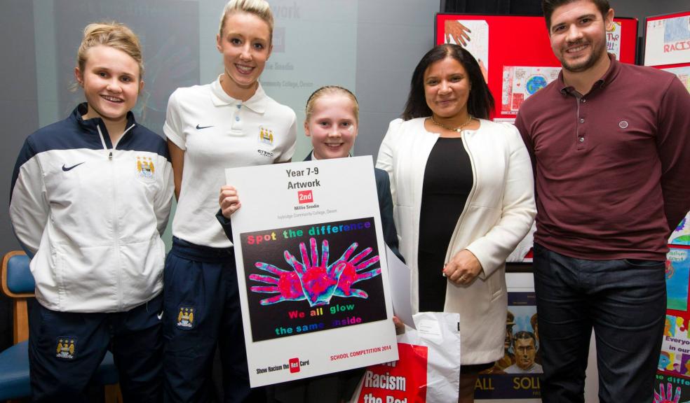 Ivybridge Community College’s Millie Snodin (middle) receives her award from (L to R): Manchester City Women's players Isobel Christiansen and Emma Lipman, and Simone Pound from the PFA.