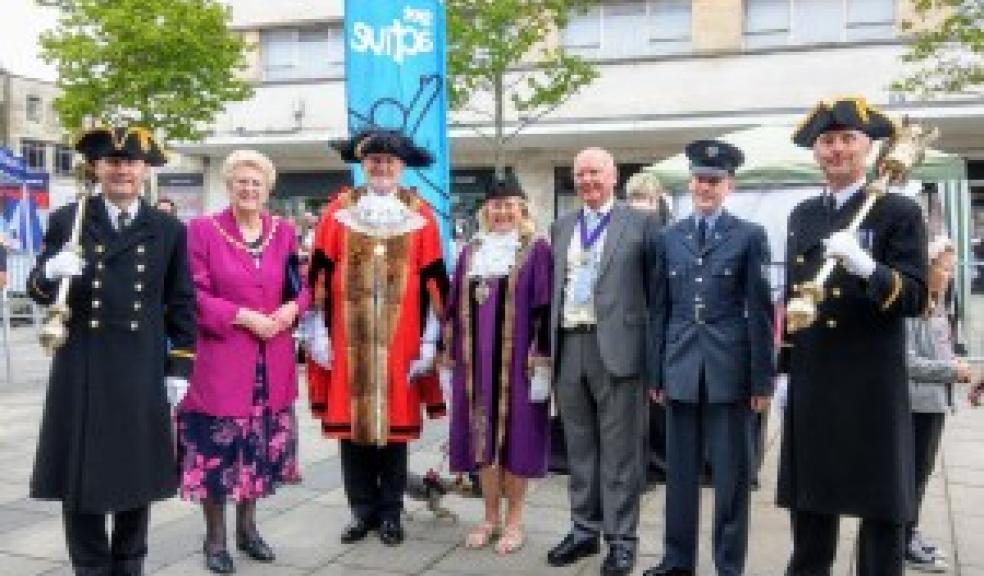 Kevin Graham, Macebearer, Dianne Ball, Lady Mayoress, Councillor Richard Ball, Lord Mayor, Councillor Terri Beer, Deputy Lord Mayor, Colin Beer, Deputy Lord Mayor’s Consort, Nathan Cooke, Lord Mayor’s Cadet, and Steve Mallinson, Macebearer. Photo: Plymouth City Council