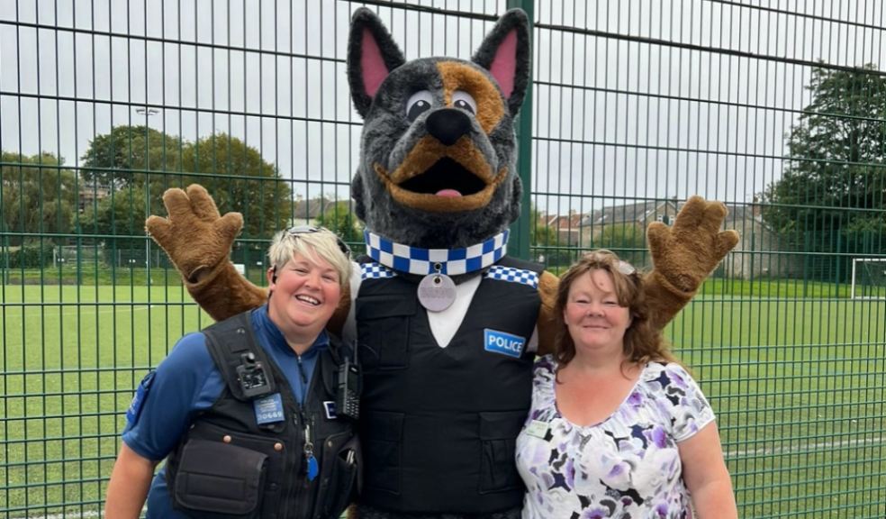PCSO Hayley Widger (left) with mascot Bravo and Karen Taylor from Nourish.