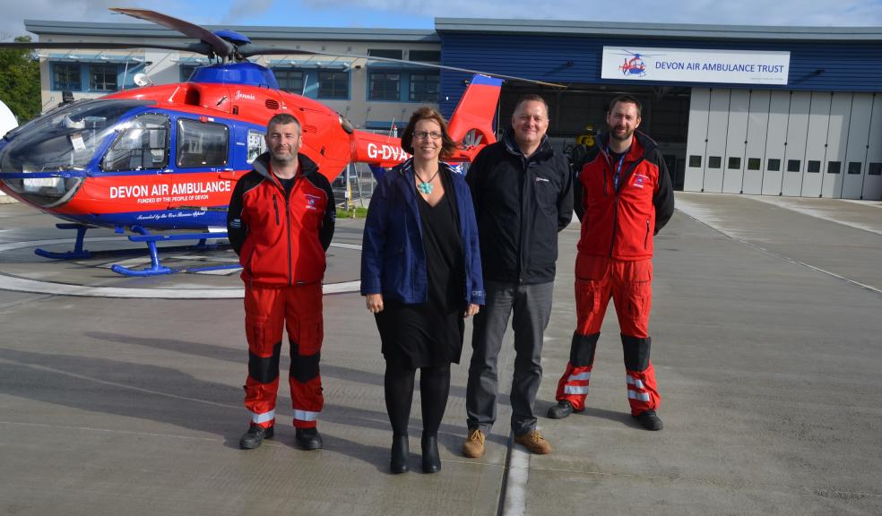 Pictured are Devon Air Ambulance’s Clinical Support Officer and paramedic Darren Goodwin, Amanda Denton and Pete Allum of Plymouth University and DAAT Lead Doctor Tim Nutbeam (credit DAAT).