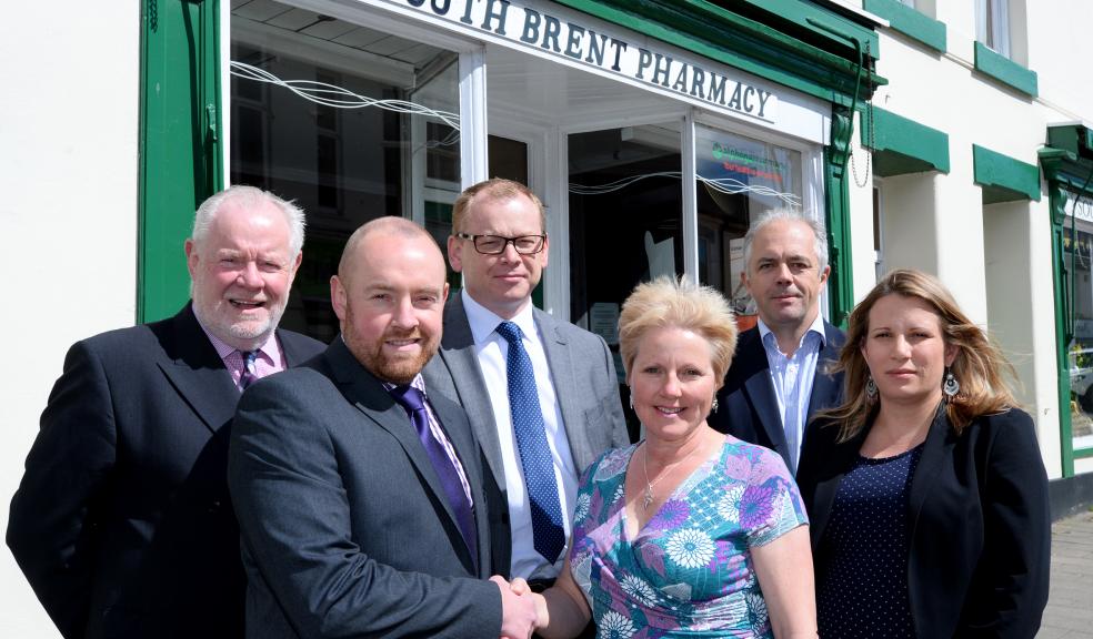 New owners: (left to right): Robert Beard and Philip Beard, South Brent Pharmacy; Stuart Brandon, Lloyds Bank; Kay Reynolds, the vendor; Paul Crocker, PKF Francis Clark and Rebecca Roberts, OTB Eveling. Picture: Andy Styles.