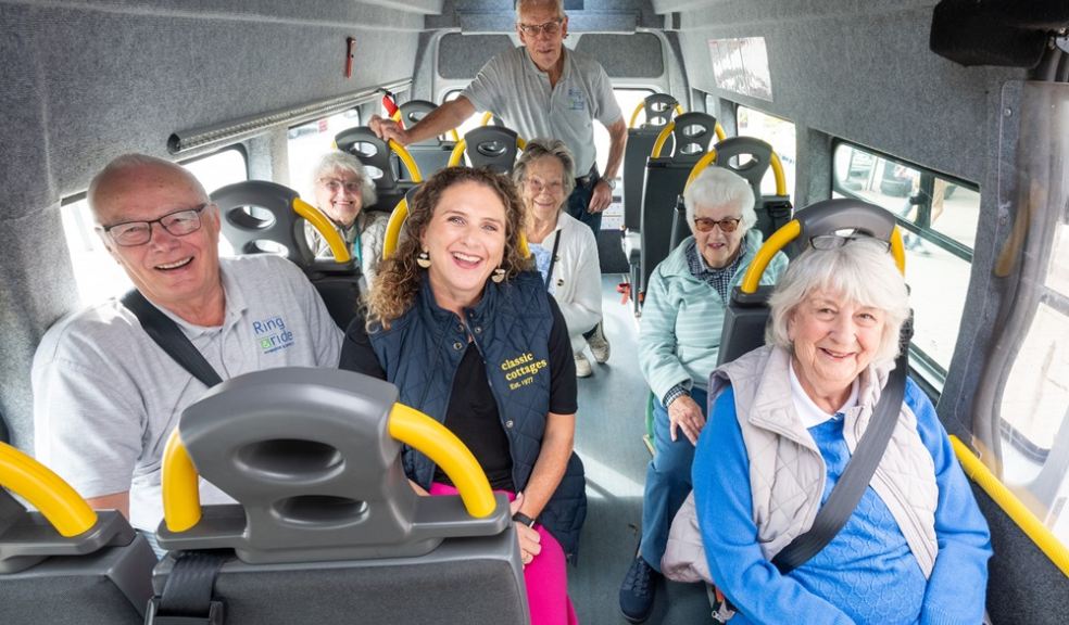 Pictured are Nicola Williams from Classic Cottages (centre) with Jack Aust, left, and Bob Classen from Ring and Ride, and service users (l-r) Norma, Rosemary, Jean and Marion. Image of ring and ride minibus passengers