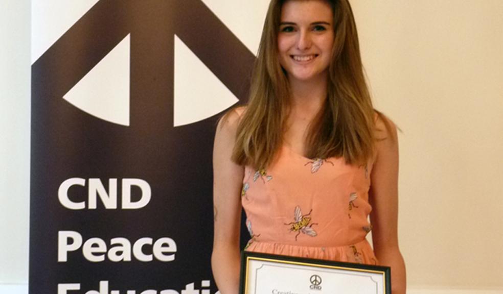 Sarah Wills from Ivybridge Community College with her Day of Peace creative writing award