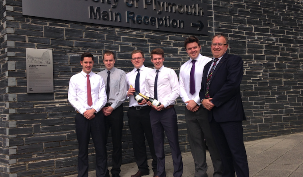 Pictured: (From left to right) Plymouth University Flux winners Alex Glover, Owen Creese-Smith, Adam Huxtable, James O’Carroll, Daniel Hanratty and Ali Carnegie, director of Total Energy Solutions.