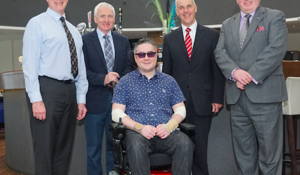 L-r: W.Bro. Peter J. M. Keaty PSGD, APGM Devonshire; W.Bro. John Pritchard PPJGW, Case Almoner, Devonshire; Sean Mitchell - who lives in Plymouth - member of St. Stephen’s Lodge 9147, Saltash Cornwall; VW.Bro. Nicholas A. Ball PGSwdB, DPGM, Province of Devonshire; W.Bro. Graham Bennett, Provincial Grand Almoner, Province of Cornwall. Image: W.Bro. John Smerdon, Provincial Photographer Devonshire