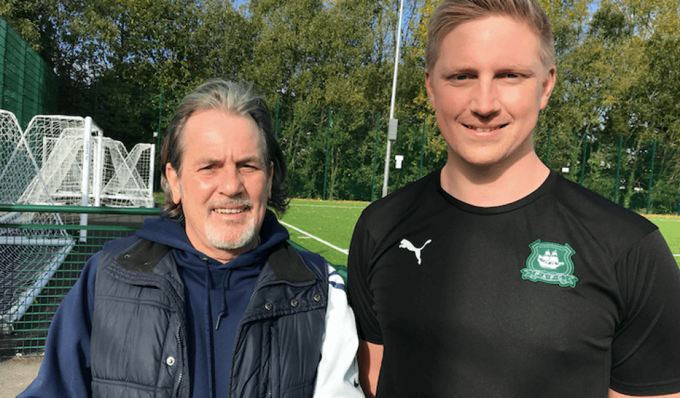 Ankle fusion patient David Saunders with Lewis Coombes, Manadon Facilities Manager at Plymouth Argyle Community Trust.