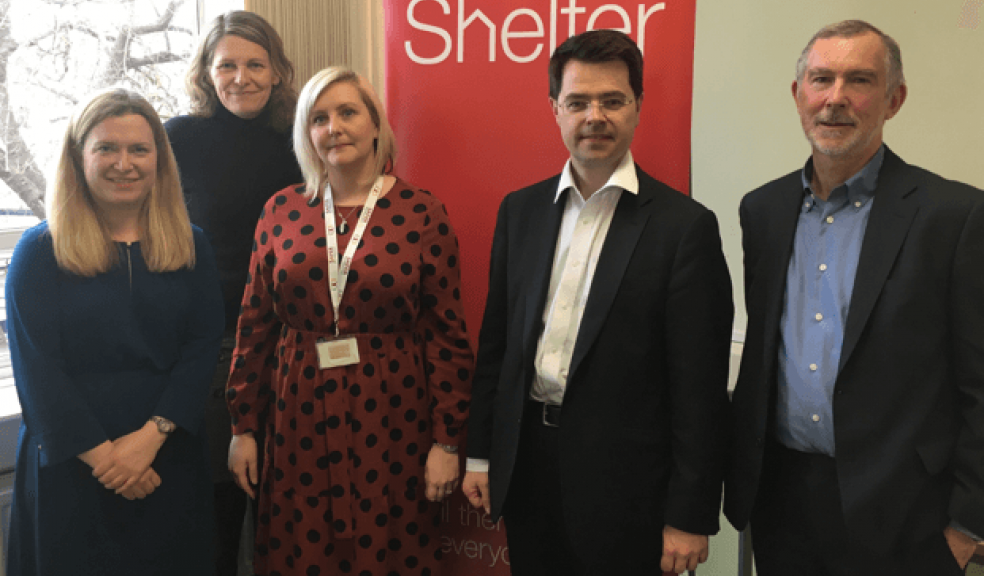Communities Secretary James Brokenshire (second right) is pictured at the Shelter offices in Plymouth with (from left) Cllr Rebecca Smith (Conservative Parliamentary candidate for Plymouth Sutton and Devonport), Cathy Morley (solicitor for Shelter), Vicki Sampson (Devon hub manager for Shelter) and Cllr Ian Bowyer (Conservative group leader on Plymouth City Council).