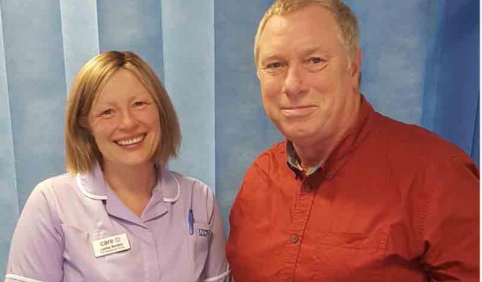 Paul Gidley with Peninsula NHS Treatment Centre Outpatient Nurse Lesley Burdon. Paul reckons that Lesley’s identification of high PSA levels in his blood and her insistence that he see his GP immediately, saved his life