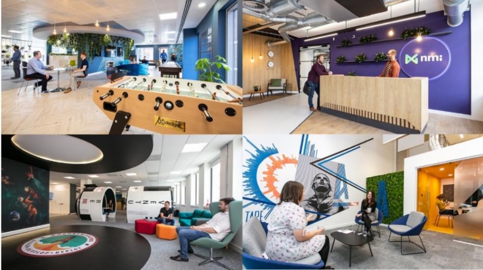 Left to right: Workspaces for Xledger, NMI, Rocketmakers and Amdaris by Interaction.