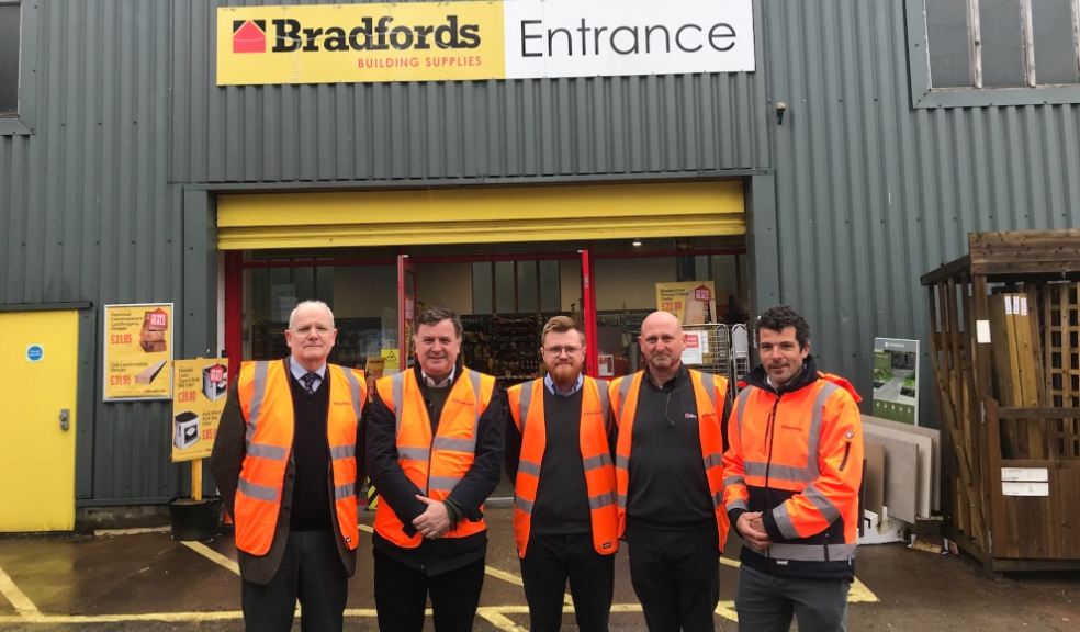 From left to right – Brett Amphlett (Head of Policy at the BMF), Mel Stride (MP), Mark Bailey (Deputy Branch Manager), Daniel Mullin (General Manager at the Moretonhampstead branch) and Giles Bradford (Bradfords’ Head of Sustainability)