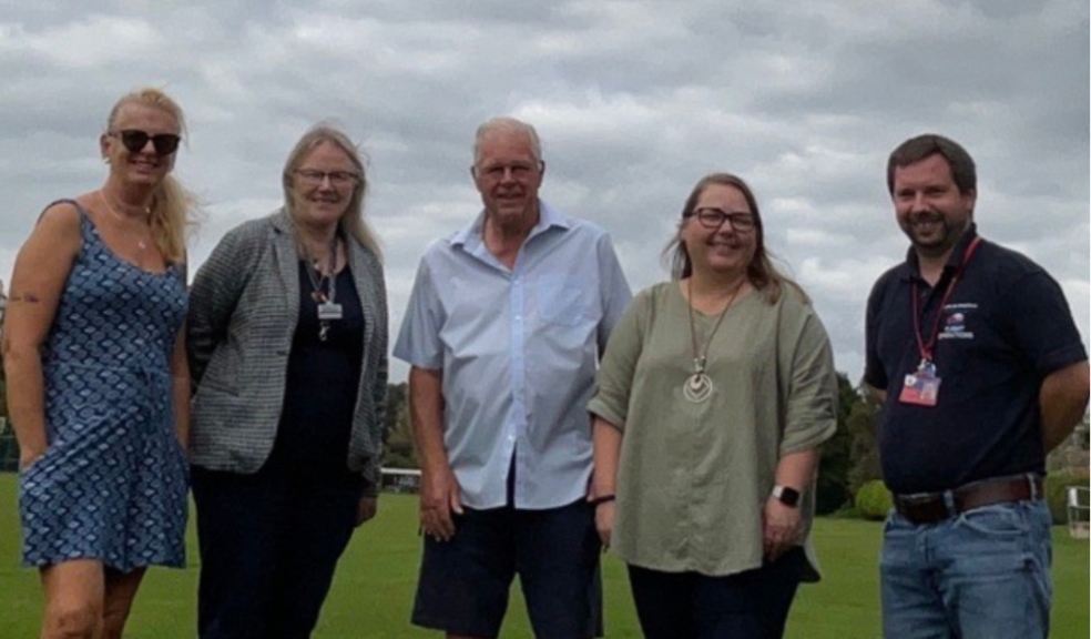 From left to right Cllr Tania Elston, Cllr Janet Carter, Cllr Steve Talbot, Cara Hill (Parish Council Admin) with Graham Coates, Landing Site Manager for Devon Air Ambulance