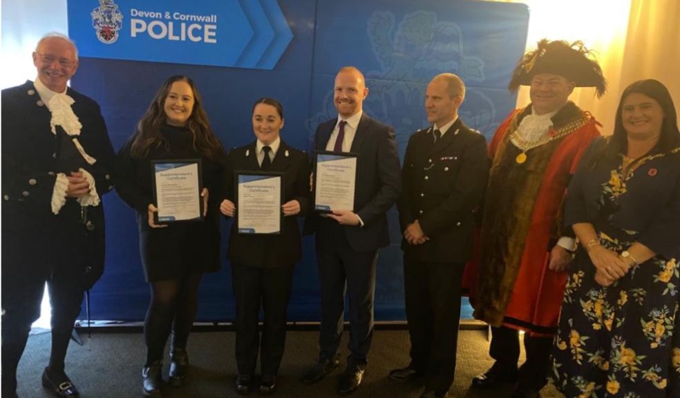 L-R: High Sheriff of Devon, The Right Revd Nick McKinnel, call handlers Lauren Woodcock, Laura Toms and Phil Cornthwaite with Chief Supt Matt Longman, Lord & Lady Mayoress Mark and Samantha Shayer
