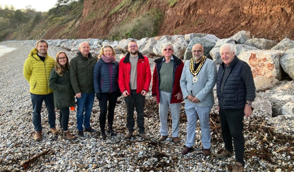 L-R: Tom Buxton-Smith (EDDC), Lamorna Taylor (South West Flood & Coastal), Henry Middleton (South West Flood and Coastal) Cllr Paula Fernley (EDDC Assistant Portfolio Holder for Environment - Operations), Cllr Dan Ledger (EDDC Ward Councillor for Seaton) , Philip Rees (Chair of SW Regional Flood and Coastal Committee) Cllr Amrik Singh (Mayor and Chairman of Seaton Town Council) , Cllr Geoff Jung (Portfolio Holder Environment – Operations). Image credit: Chrissy Lovebe.
