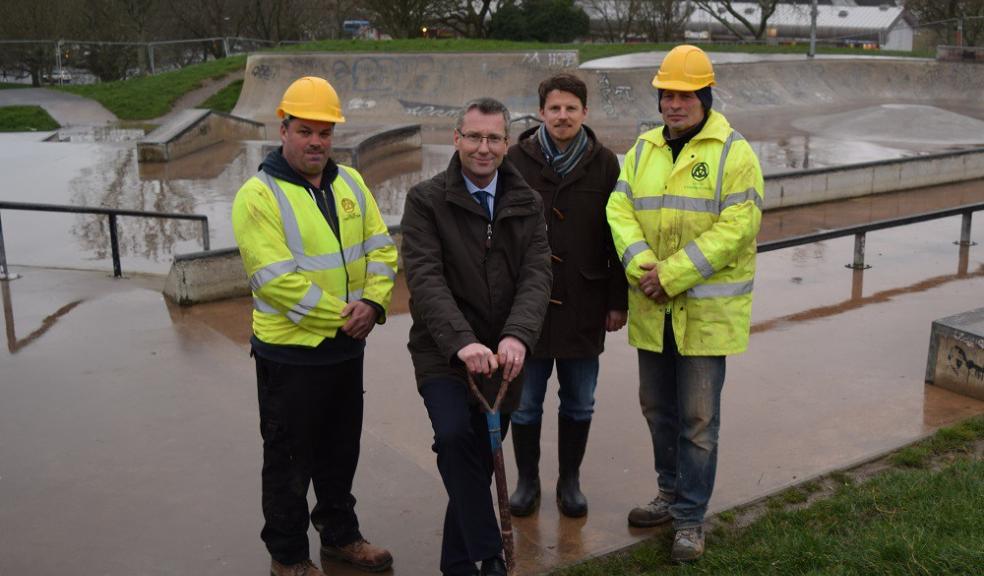 L-R: Nathan Powell, Freestyle Skateparks; Councillor Patrick Nicholson, Deputy Leader, Andrew Clanfield, Associate Project Manager Apprentice; Nicholas Wickham, Freestyle Skateparks. Photo: Plymouth City Council.