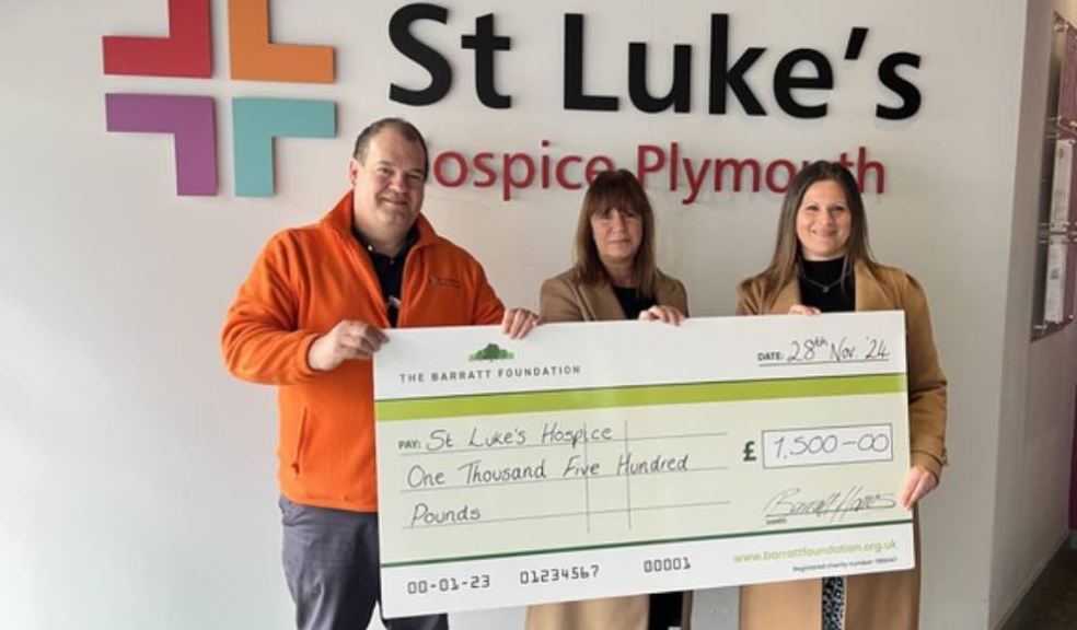 Photo Caption: Joanna Towns and Dee Bolitho from Barratt David Wilson Homes Exeter present a cheque to Peter Ward, Community Fundraiser at St Luke’s Hospice.